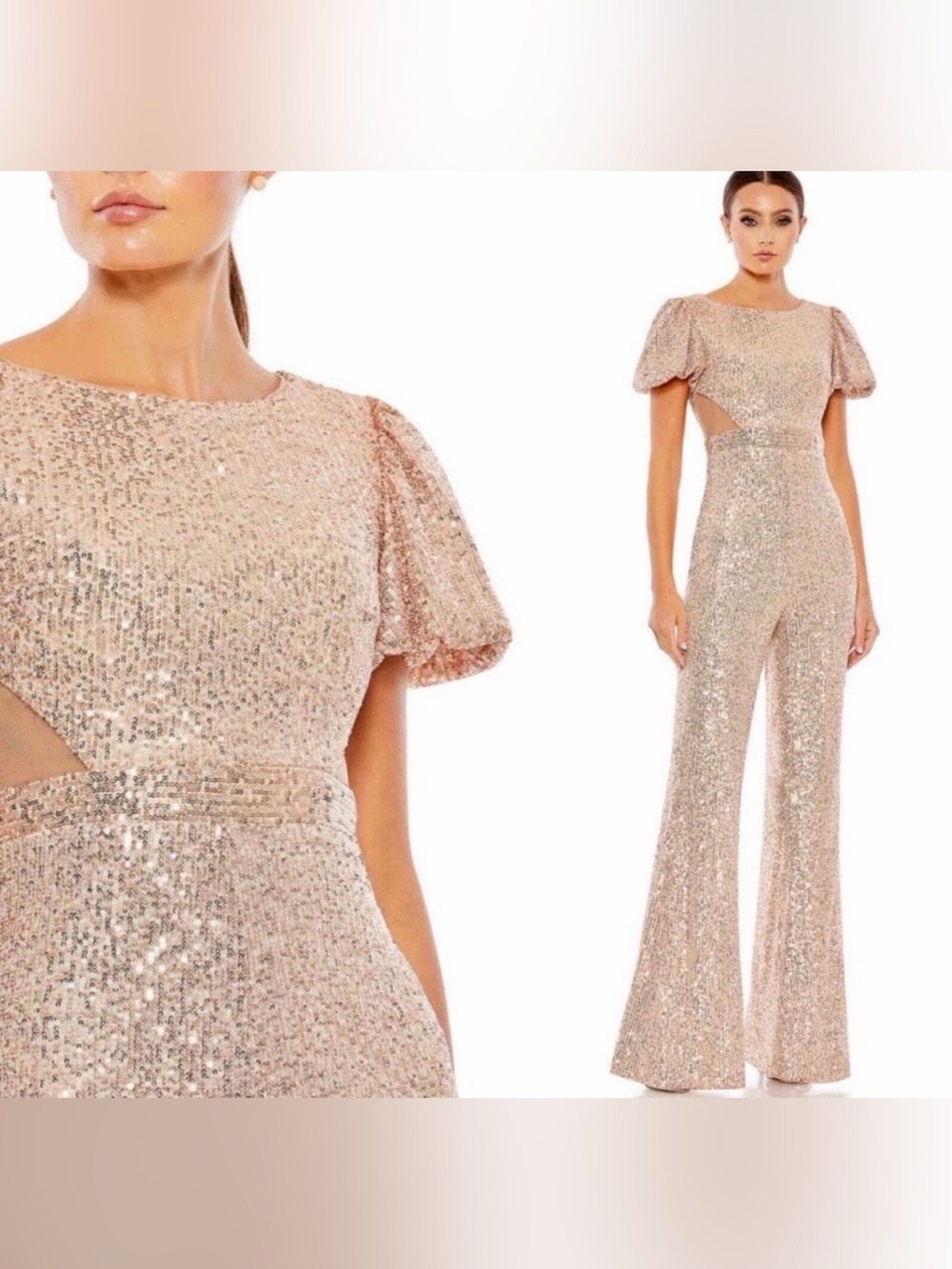 Mac Duggal Rose Gold Sequin Puff-Sleeve Cutout Jumpsuit - 2